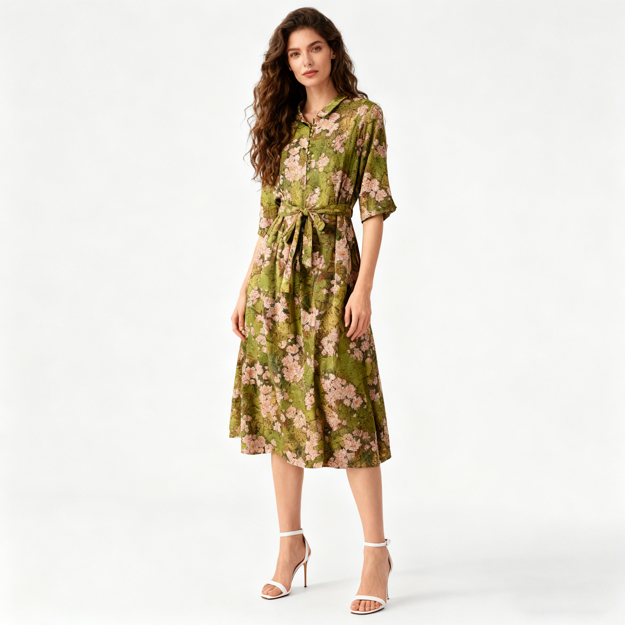 Green Silk Midi Dress Collared Office Elegance Style REAL SILK LIFE