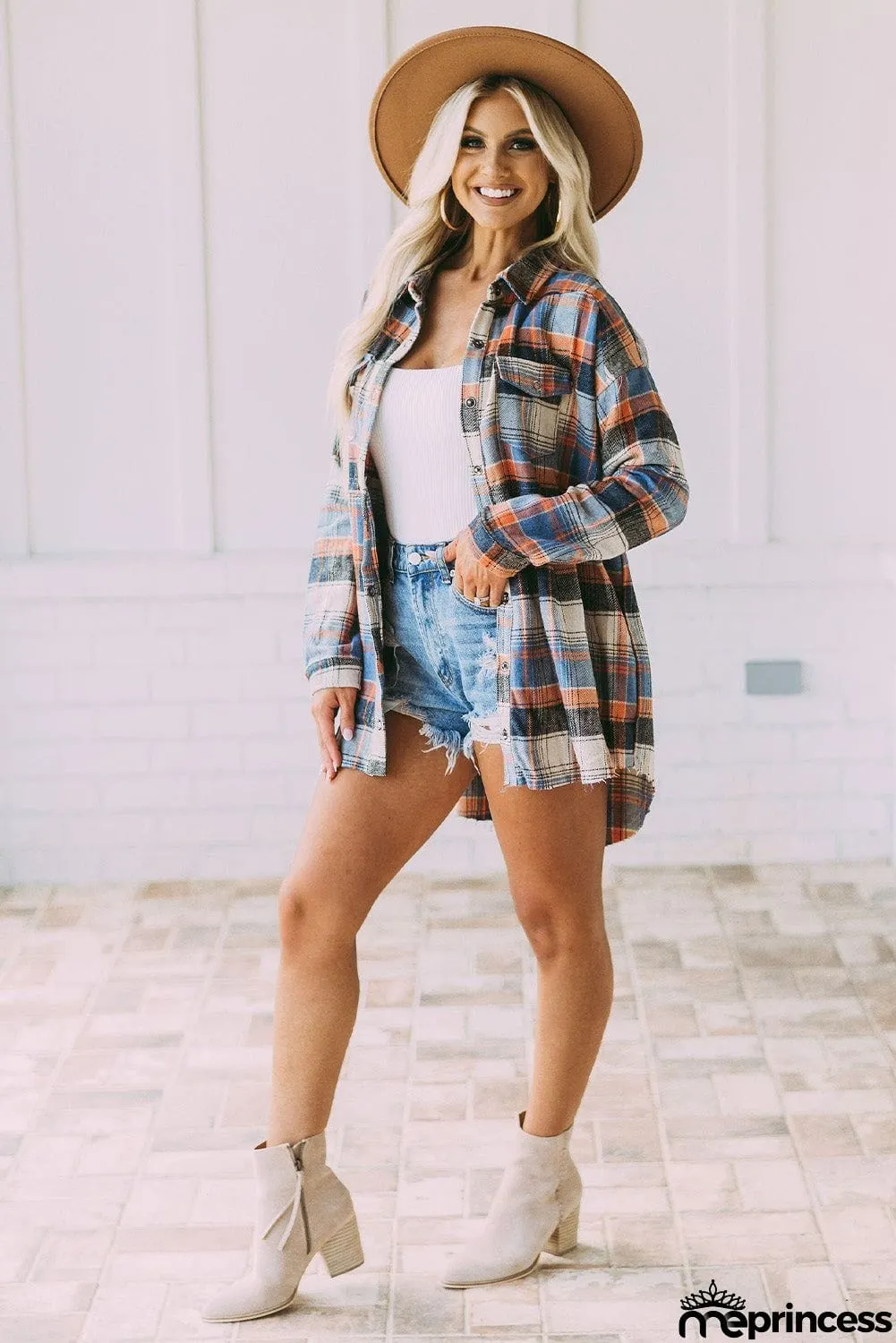 color Plaid Button Down Ruffled Shirt Jacket