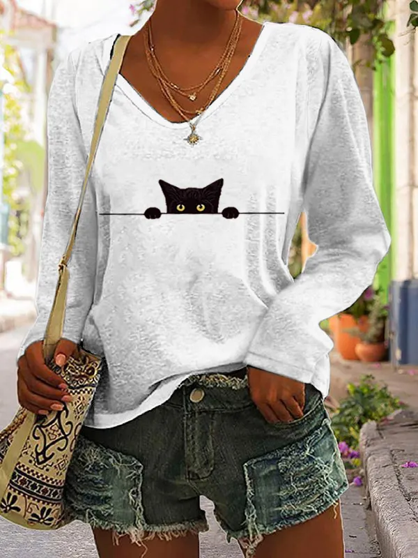 Women's Casual Funny Black Cat Print T-shirt  Cozyscity