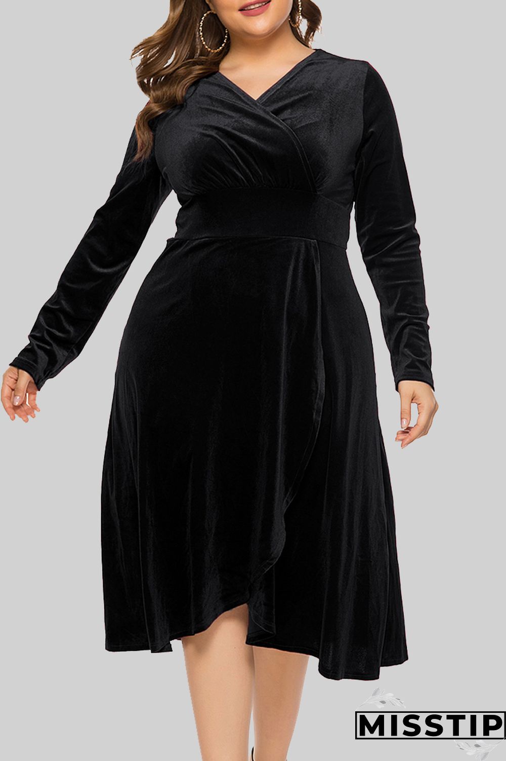 Burgundy Casual Solid Patchwork V Neck Long Sleeve Plus Size Dresses