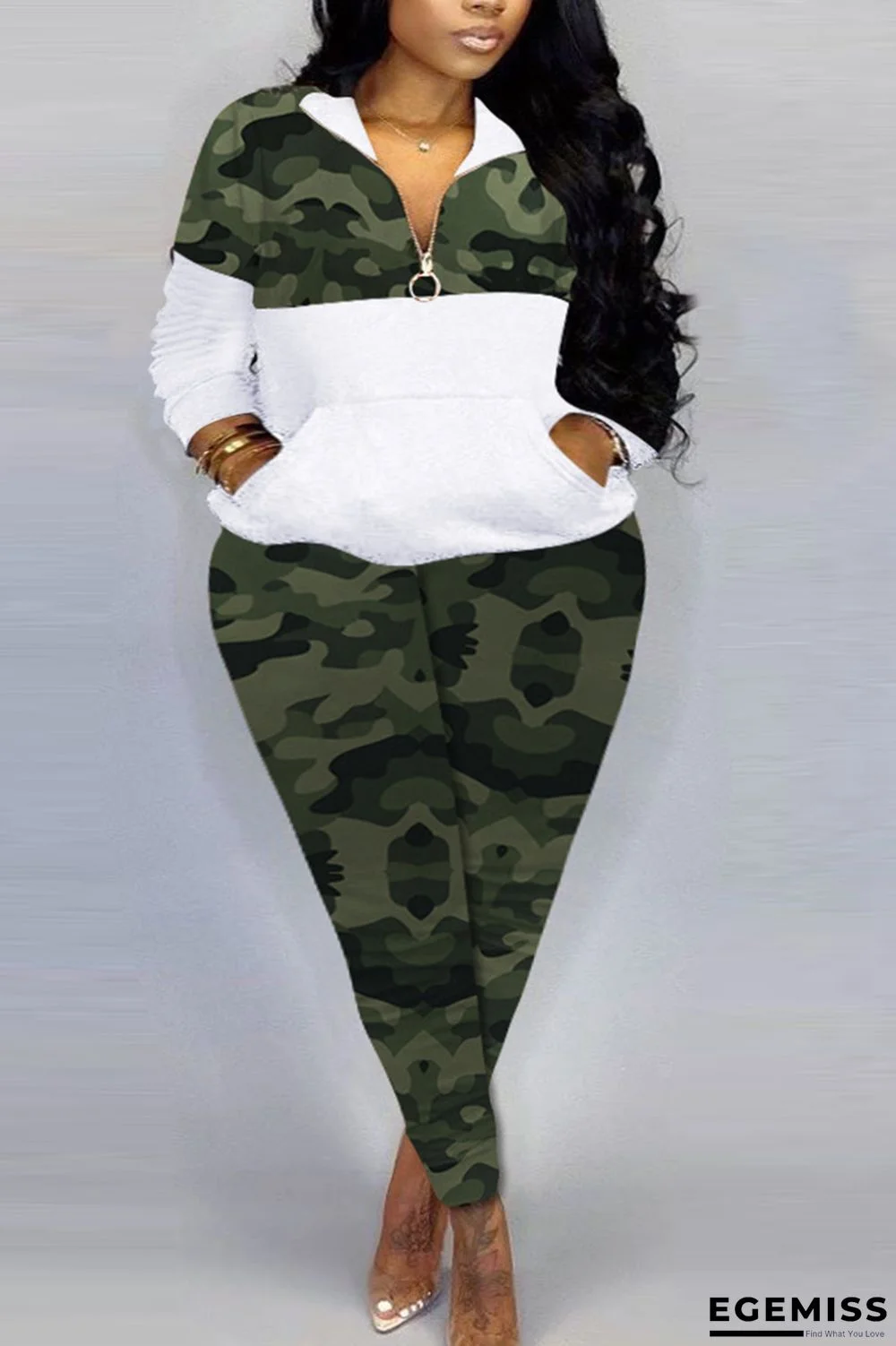 Green Casual Camouflage Print Patchwork Zipper Collar Plus Size Two Pieces | EGEMISS