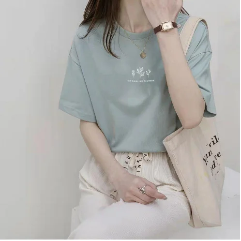 Uveng Uveng Sleeve Korean Round Collar T-Shirt Female 2024 Summer Loose Plant Print Casual Solid Color Student Half Sleeve Top Tide