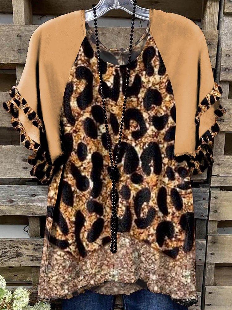 Women's Fashion Round Neck Leopard Print Loose Short Sleeves