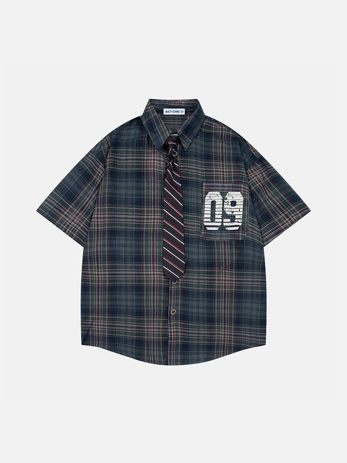 Blue Number Print Plaid Necktie Short Sleeve Shirt Front