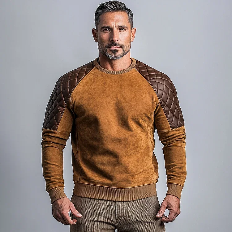Mens Suede PU Leather Quilted Splicing Long Sleeve Sweatshirt-inspireuse