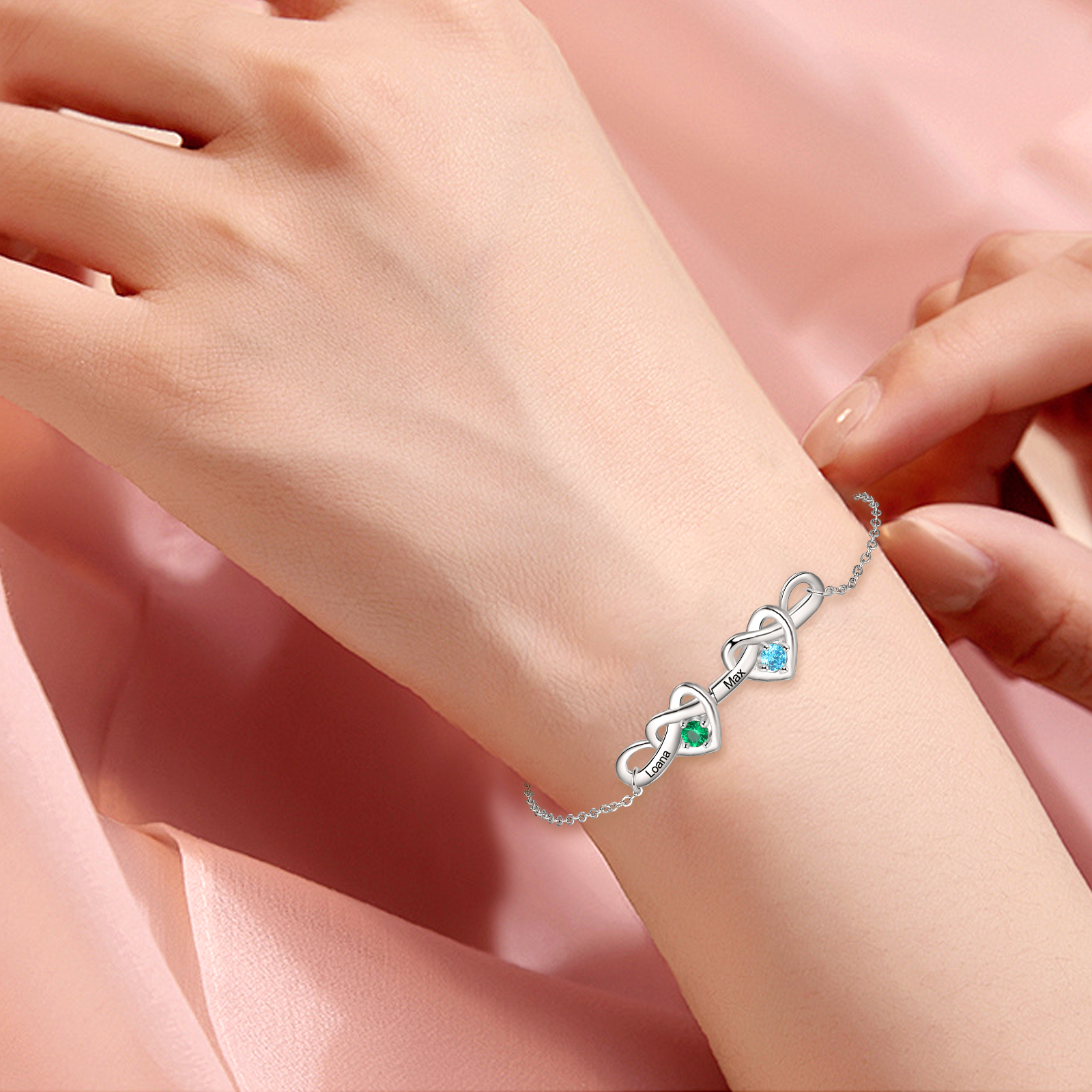2 Names - Personalized Linked Heart Bracelet Custom 2 Birthstones Engraved Text Bracelets