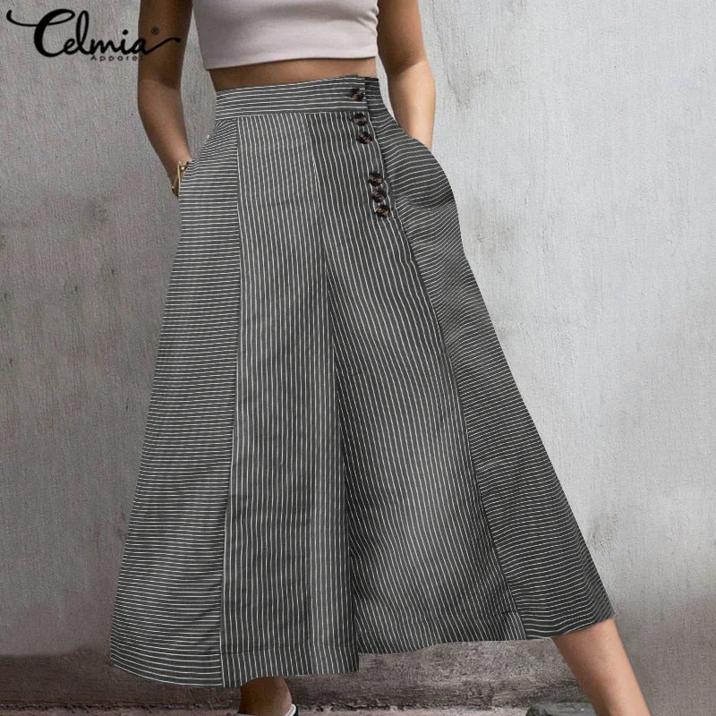 Celmia 2022 Fashion Striped Trousers Women White Wide Leg Pants Summer High Waist Pocket Casual Office Pantalon Elegant Palazzo