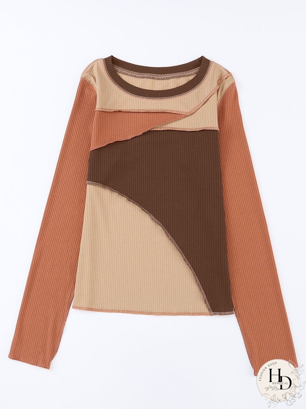 Knit Top with Exposed Seam Detail in Brown Color Block