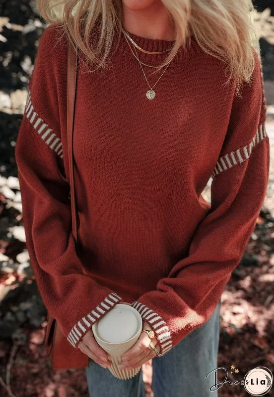 Striped Detail Round Neck Dropped Shoulder Sweater