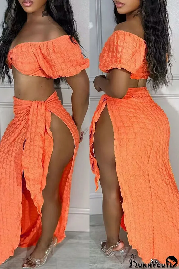 Tangerine Red Sexy Solid Bandage Off the Shoulder Short Sleeve Three Piece Set