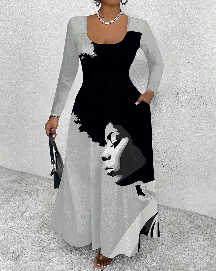 Afro Girl Round Neck Long Sleeve Maxi Dress