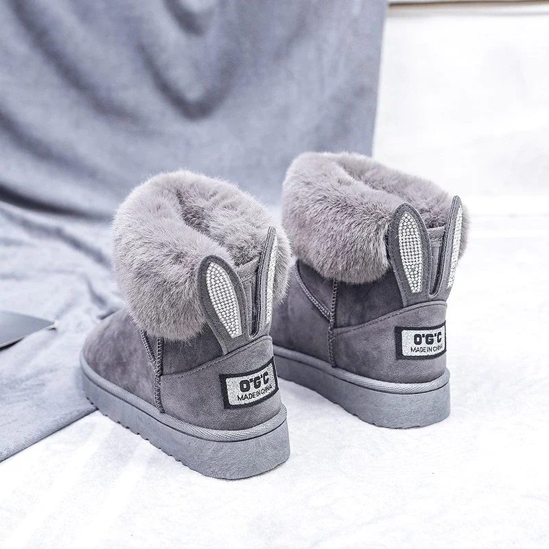 Tanguoant Women Boots Fox Fur Brand Winter Shoes Warm Snow Boots Black Round Toe Casual Female Slip-on Woolen Boot Sweet Flock flats