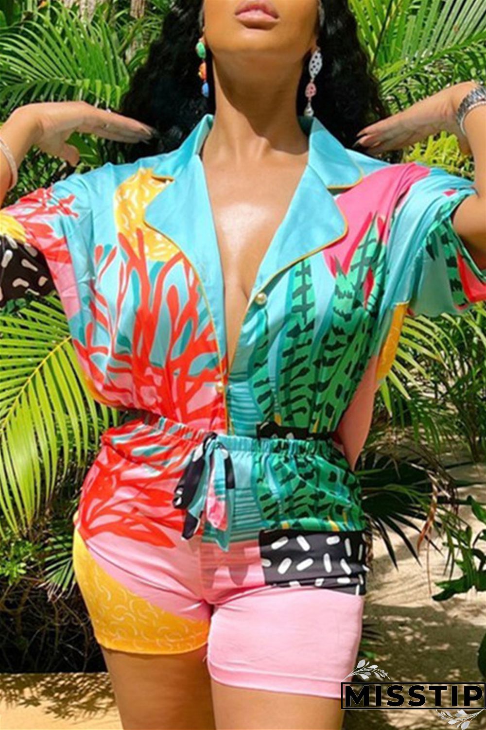 Multicolor Fashion Casual Print Basic Turndown Collar Short Sleeve Two Pieces