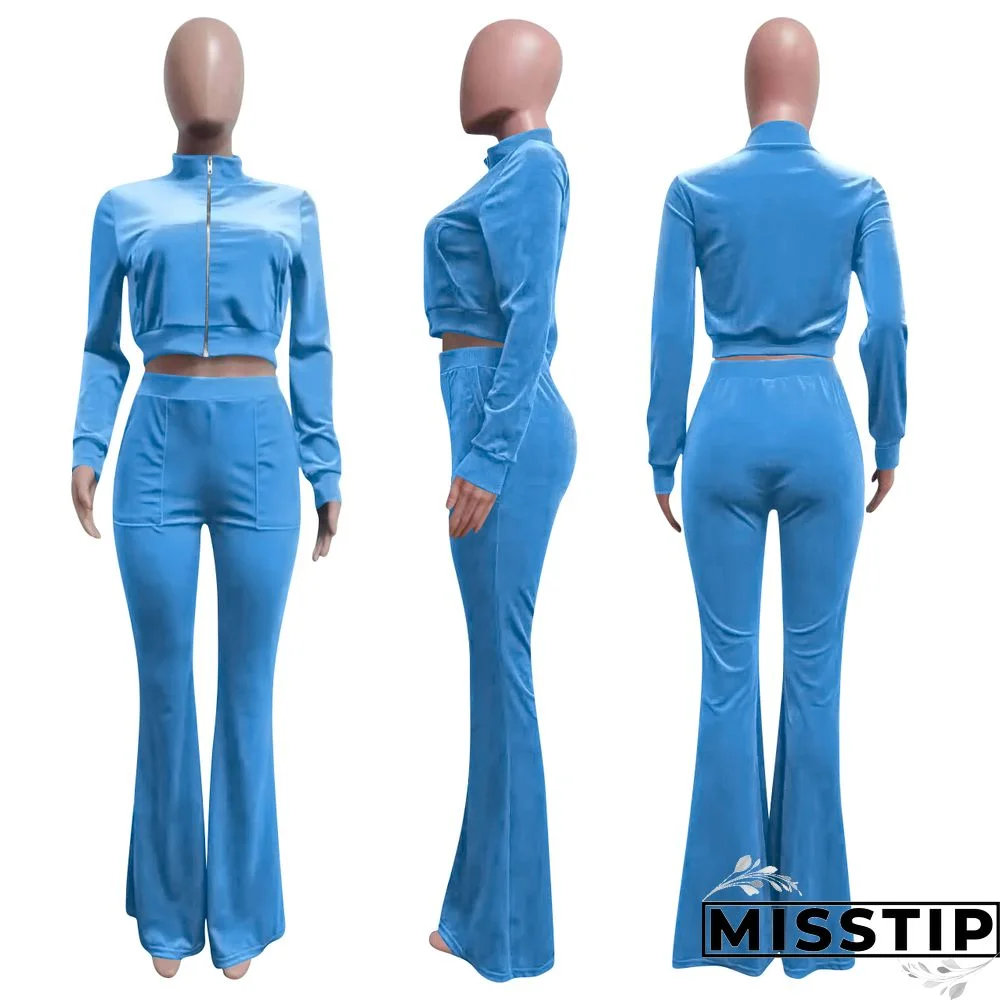 Velvet Solid Zip Jacket Crop Top Flared Pants Set