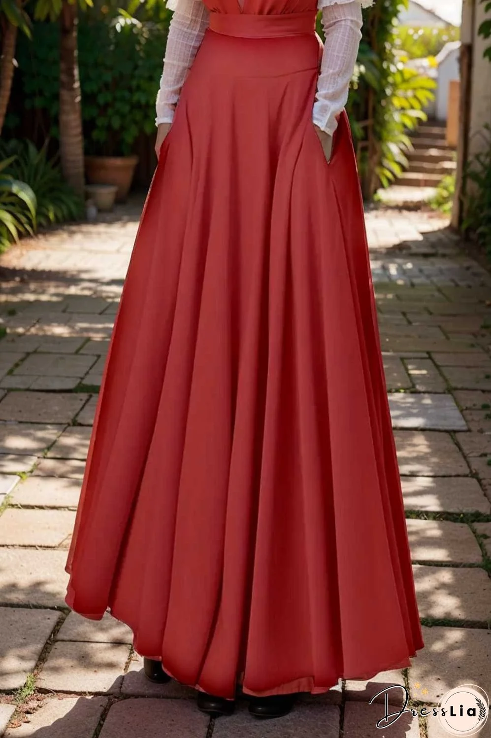 casual pleated pockets high waist loose maxi dress