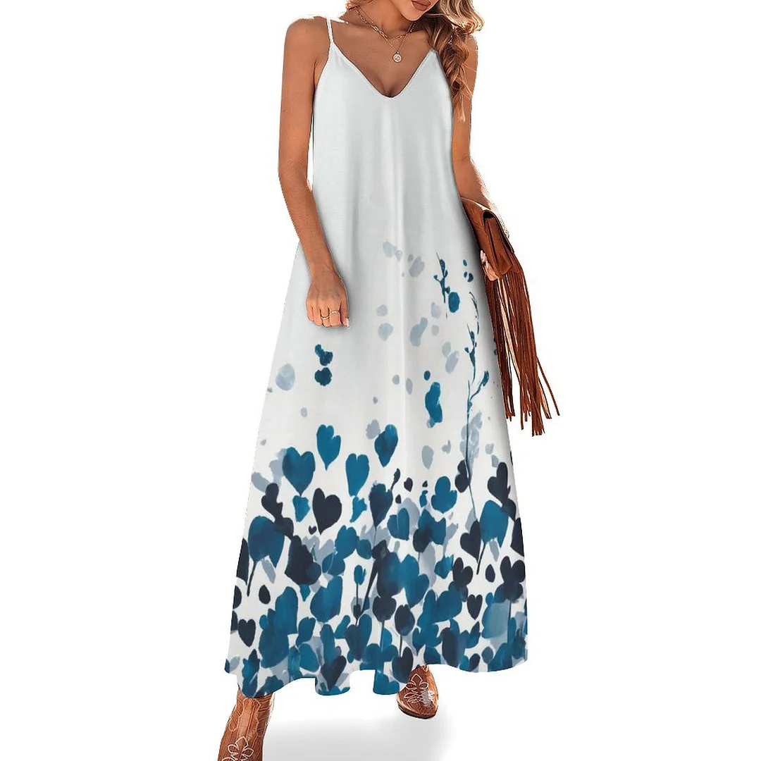 Style & Comfort for Mature Women Plus Size Printed Sling Casual Women Maxi Dress in Pattern Butterflies, Floral, Blue, Watercolor