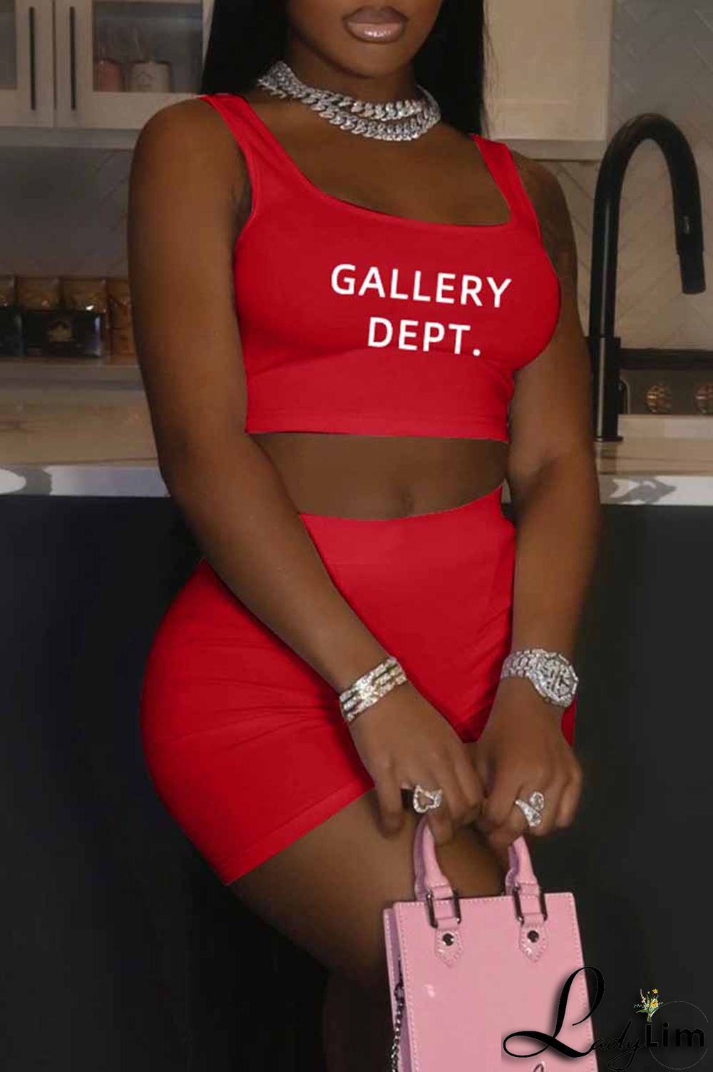 Light Blue Street Print Letter U Neck Sleeveless Two Pieces