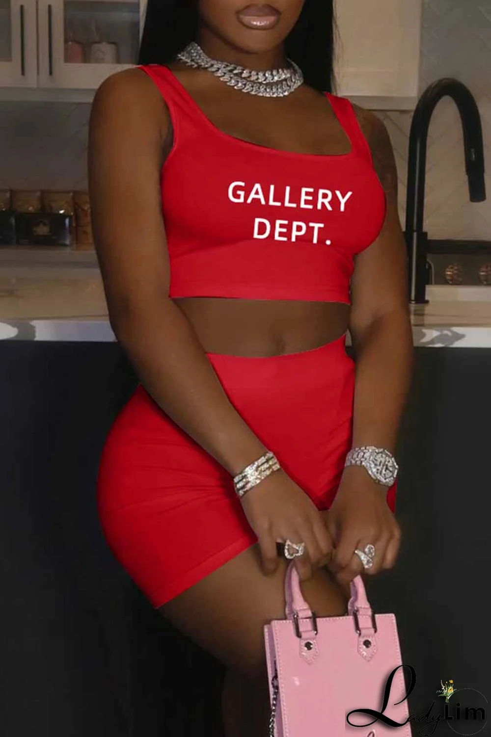 Light Blue Street Print Letter U Neck Sleeveless Two Pieces