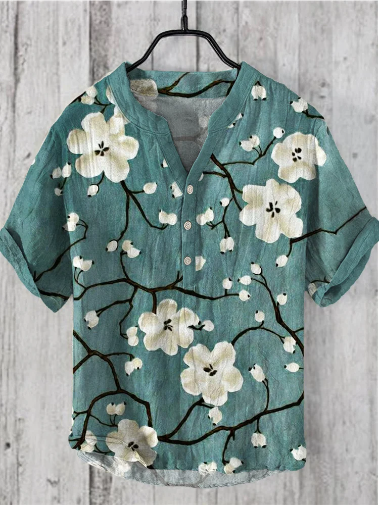Comstylish Floral Japanese Pattern Linen V-Neck Shirt