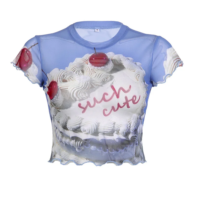Brownm Sweet Wind Collar Bag Sleeve Cherry Cake Blue T-Shirt In Fashion Summer Wood Ear Exposed Umbilical Babes Top
