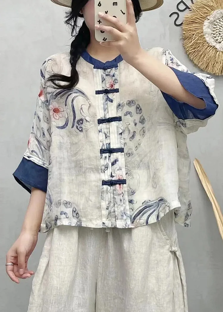 Chinese Style Blue Print Patchwork Linen Shirts Summer