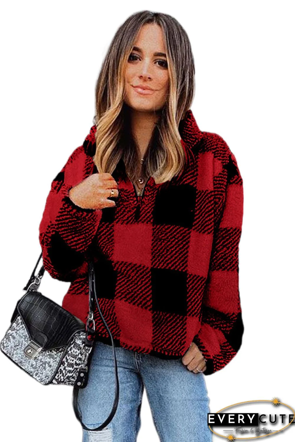 Red Checkered Half Zip Pullover