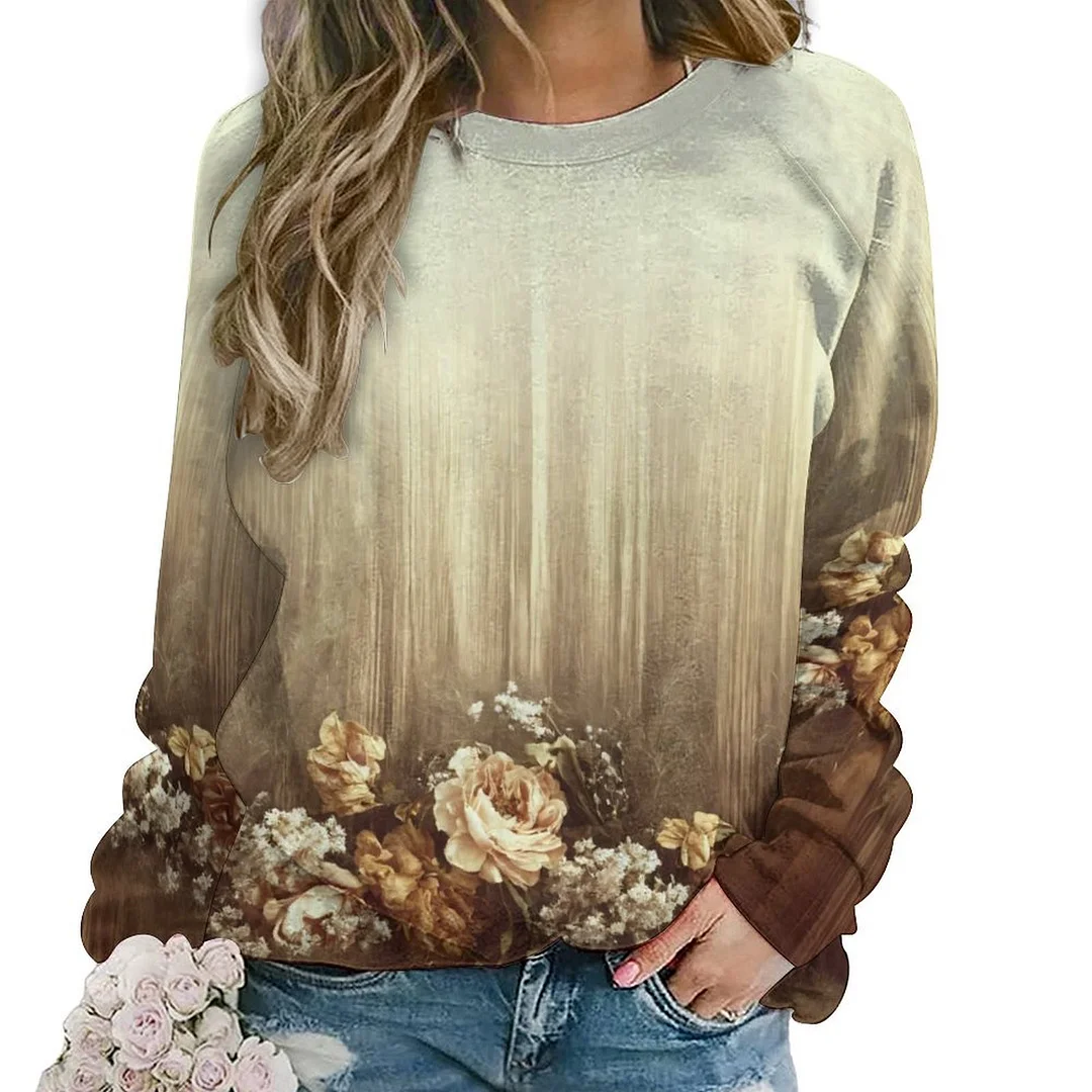 Printed Long Sleeve Casual Sweatshirt for  Women and Men Unisex Pattern Khaki, Floral, Striped
