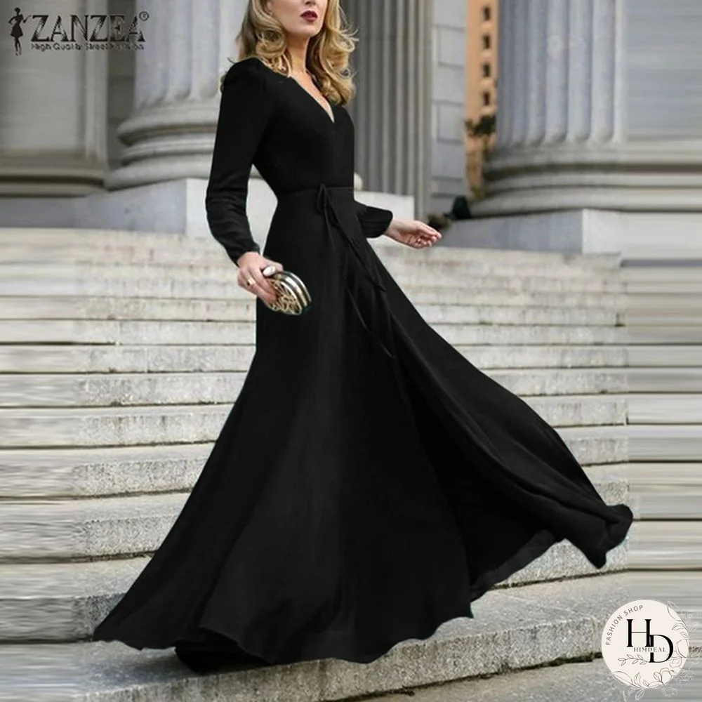 ZANZEA Deep V Neck Solid Sexy Dresses Women Night Club Wear Party Autumn Long Sleeve Elegant Evening Dress