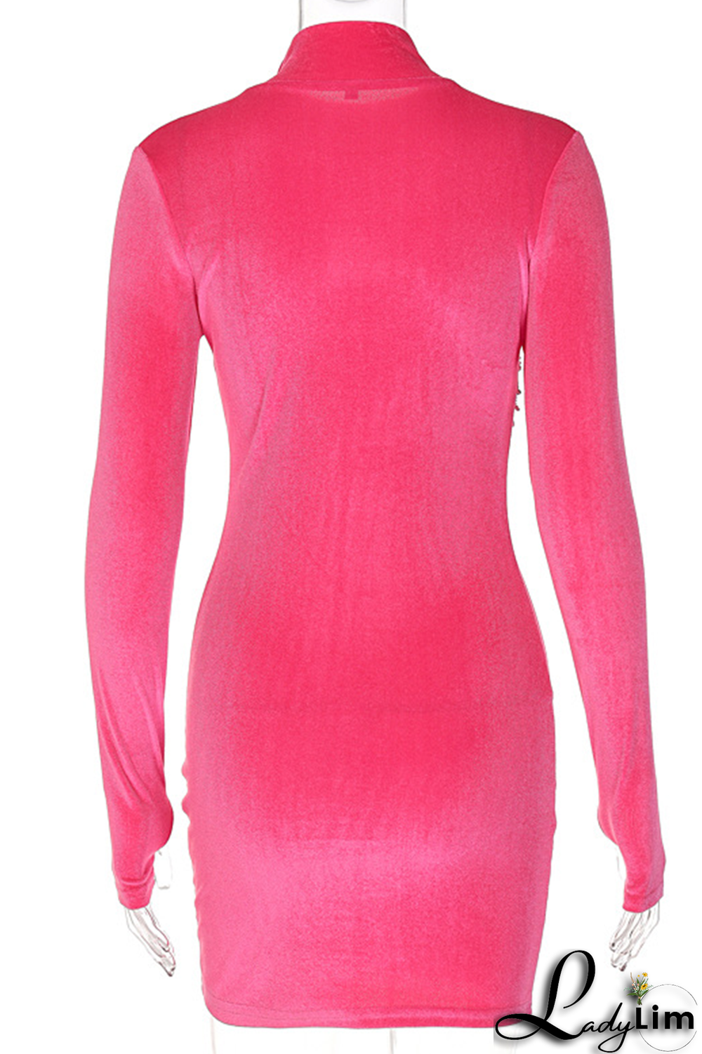 Rose Red Sexy Solid Rhinestone Half A Turtleneck Pencil Skirt Dresses