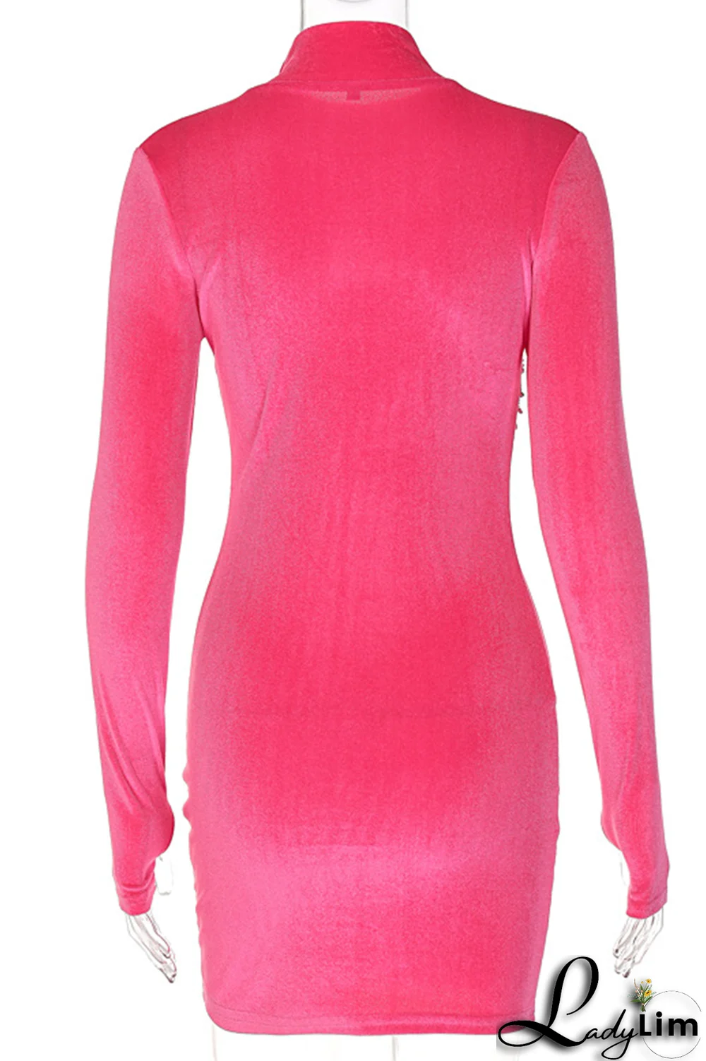 Rose Red Sexy Solid Rhinestone Half A Turtleneck Pencil Skirt Dresses