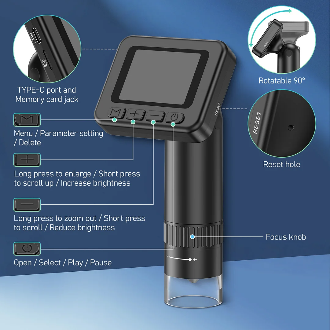 1000X Portable Screen Microscope for Kids and Adults, 32G Memory Card, 1080p Screen, Supports Video Recording, Photography and Playback, Connected to Windows 7 Systems and Later