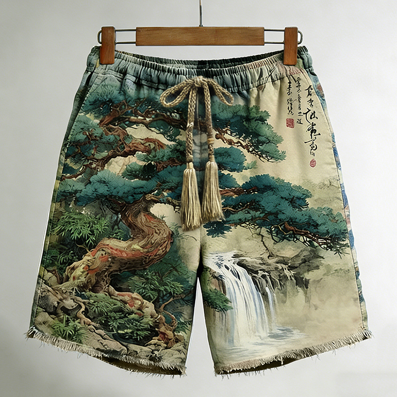 Men's Japanese Pine Print Linen Blend Shorts elevenforest
