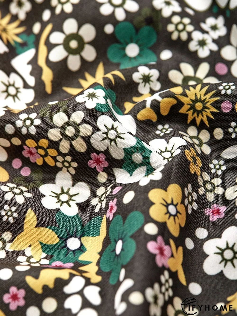 Casual Short Sleeve Woven V Neck Floral Midi Dress | IFYHOME