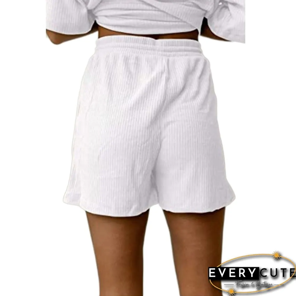 White Ribbed Drawstring Casual Shorts