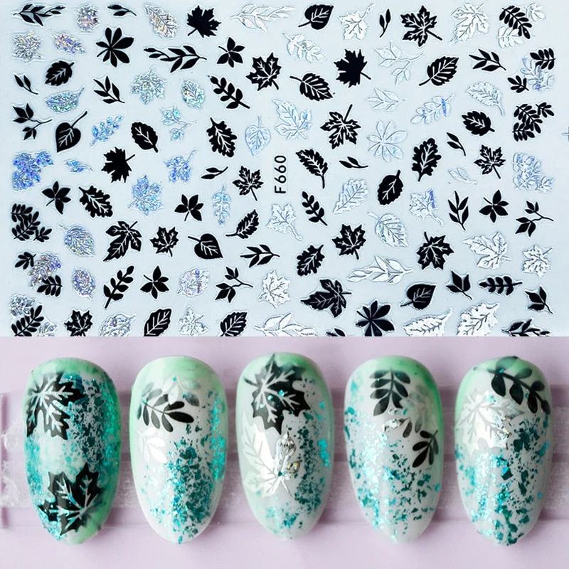 1pcs Black Gold Sping Leaves 3D Nail Sticker Coconut Tree Leaf Pattern Adhesive Transfer Decals Shiny DIY Nail Decoration