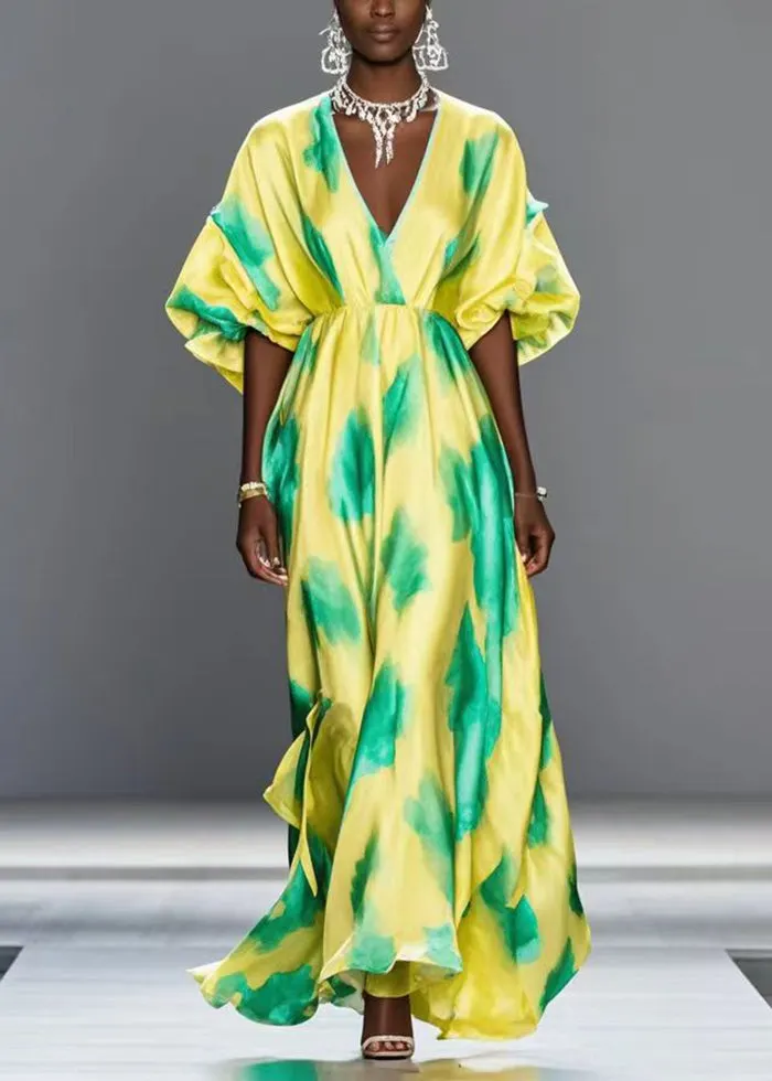 Handmade Yellow V Neck Print Silk Holiday Dress Batwing Sleeve Summer