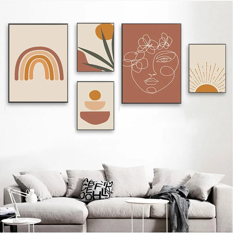 Abstract Burnt Orange Wall Art Canvas Painting Terracotta Rainbow Minimalist One Line Face Drawing Poster Boho Prints Home Decor