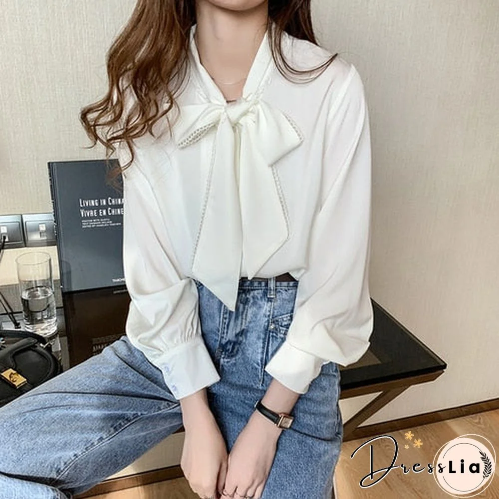 Spring Fashion Korean Tops Satin Chiffon Blouse Women Loose Long Sleeve Shirt White Blue Office Lady Clothes With Bow
