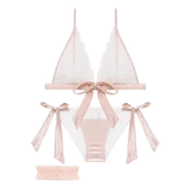 Billionm Pink Women Underwear Set Sexy Ultra-thin Lace Bra Set Bow Bandage Transparent Lingerie French Bralette Triangle Cup Back Bra