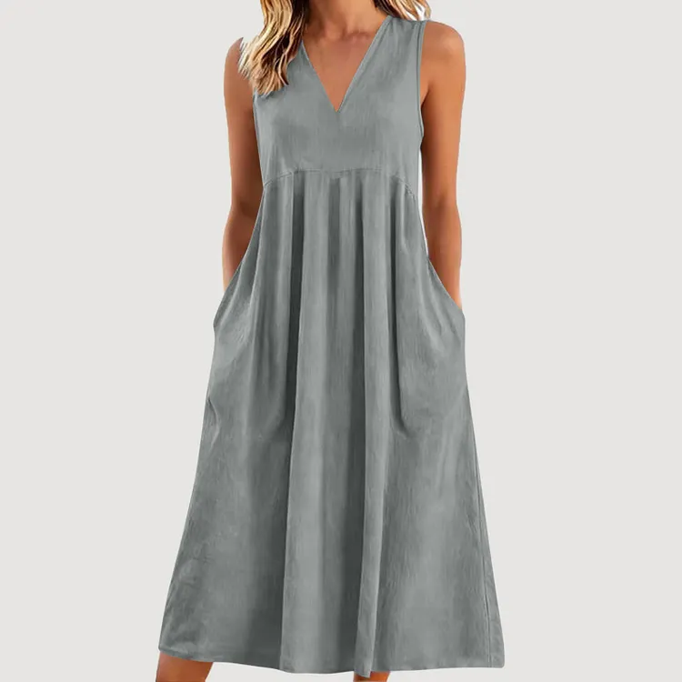 Women's Solid Color V-neck Sleeveless Linen Blend Midi Dress