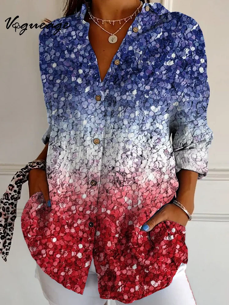 Gradient Color Block Sequin Festive Cotton And Linen Shirt