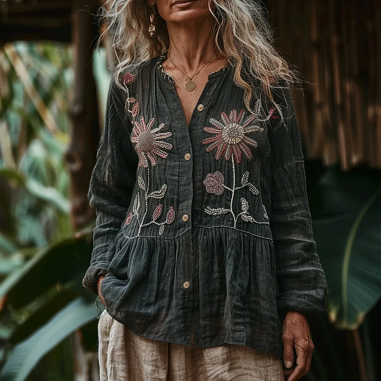 Utbros Bohemian Style Linen Floral Art Print Long Sleeve Loose Shirt