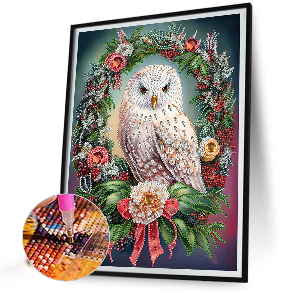 Diamond Painting - Partial Special Shaped Drill - Xmas Owl Wreath(Canvas|30*40cm)
