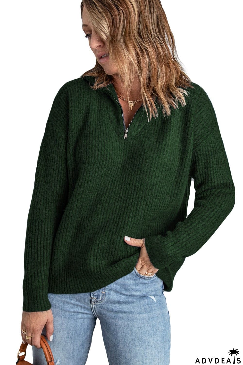 Green Zip Neck Knitted Sweater