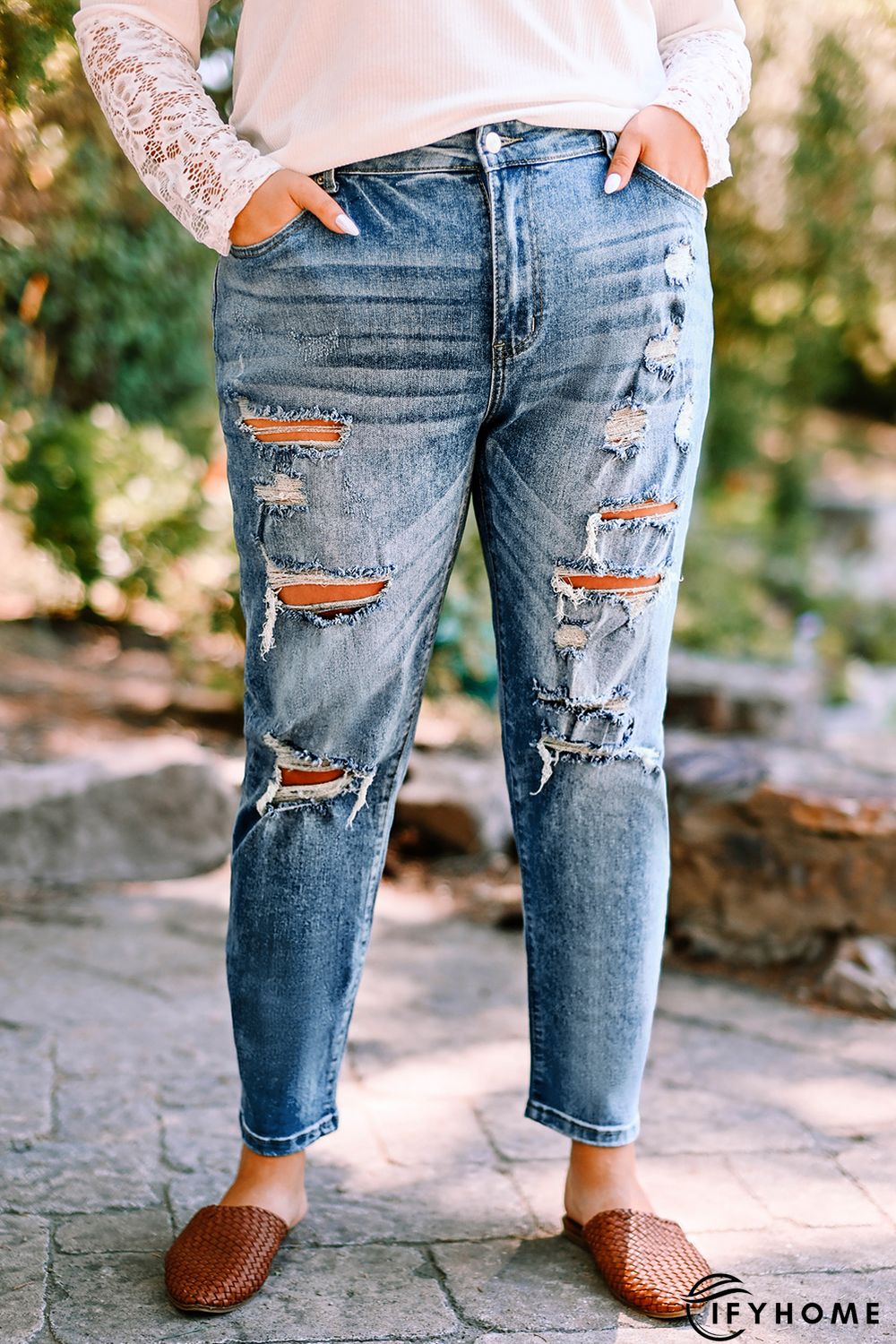 Blue Plus Size Distressed Slit Vintage Jeans | IFYHOME