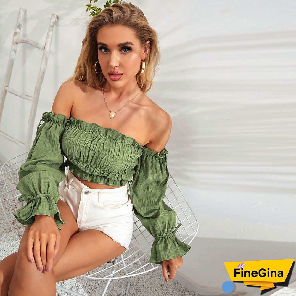 Chic Casual Women Blouses New Solid Color Sexy Navel Fungus Edge Slim Fit Folds Wrap Chest Full Flared Sleeve T-shirt