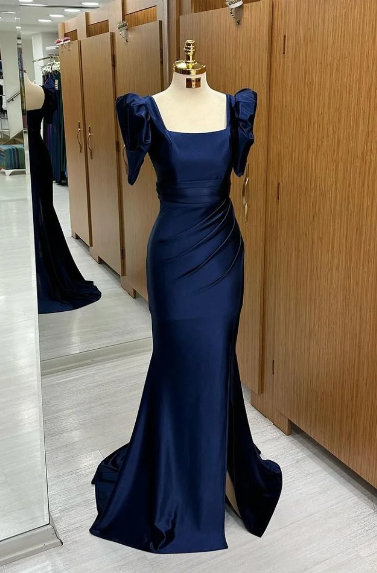 Royal Blue Long Mermaid Prom Dress Bubble Sleeves Square With Slit YL0306
