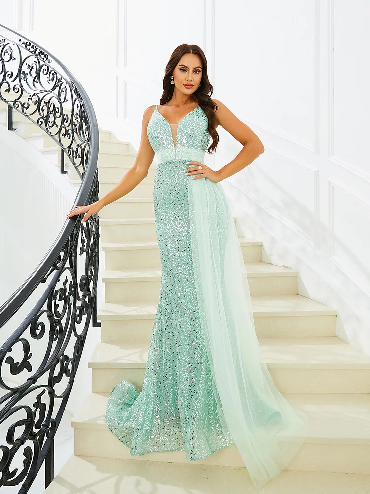 Spaghetti V-Neck Mermaid Backless Draping Evening Dress RJ10708