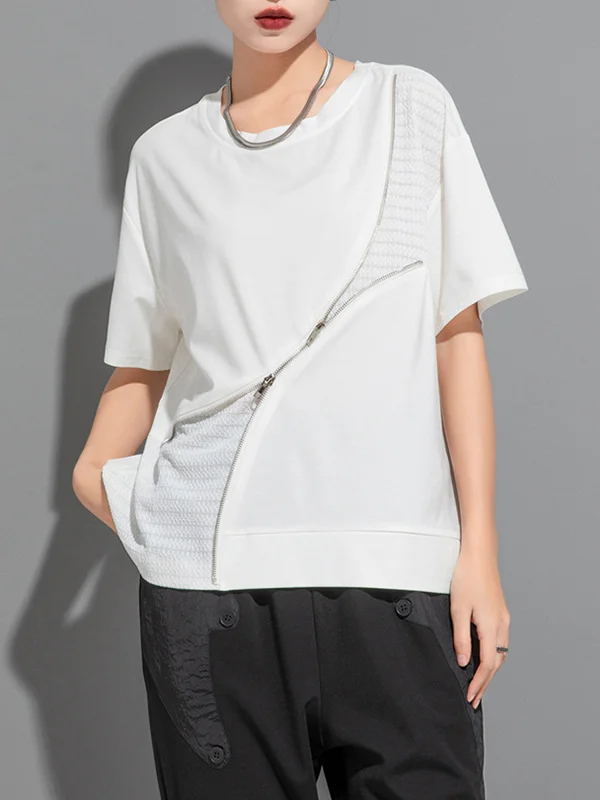 Roomy Short Sleeves Asymmetric Split-Joint Zipper Round-Neck T-Shirts Tops