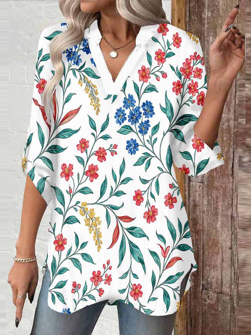 Women Floral, Red DZGA0076 3/4 Sleeve V-neck Printed Graphic Button Tops